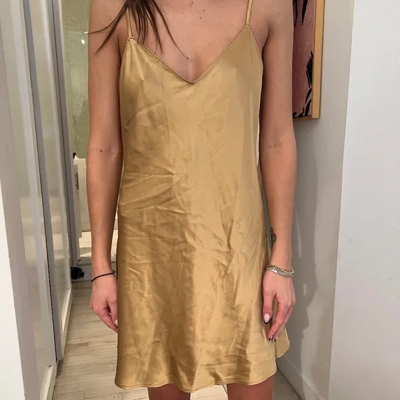 green emerald velvet dress Reformation Sofia Gold Silk Sleeveless Slip Midi Dress – The Closet New York main image 0